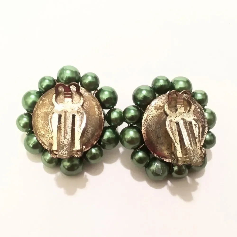 Vintage Japan Green Bead Cluster Clip On Earrings Mid Century 1 Inch